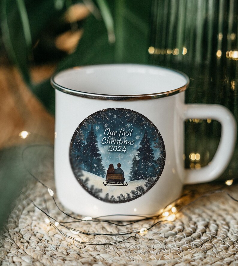 First Christmas Tin Mug, Enamel Camping Mug, Couple Sled Design, Snowy