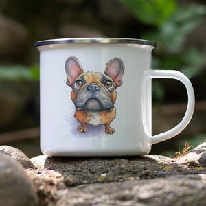 French Bulldog Enamel Camping Mug – Watercolor Impasto Art Tin Cup, Cute Dog Lover Gift, Cartoon Pup Coffee Mug