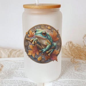 Stained Glass Tree Frog Tumbler: Autumn Leaves, Bamboo Lid & Glass Straw