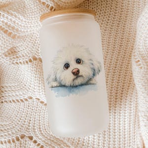 Cartoon Bichon Frise Glass Tumbler – Watercolor Dog Art Cup, Impasto Style Pet Lover Gift, Cute White Puppy Drinkware