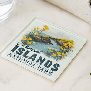 a coaster with a scenic illustration of the Channel Islands National Park, accompanied by a glass of water and a potted plant on a marble surface.