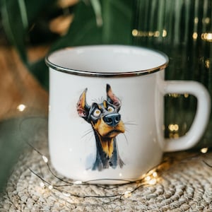 Cartoon Doberman Pinscher Tin Camping Mug – Watercolor Impasto Enamel Cup, Dog Lover Gift, Rustic Outdoor Drinkware