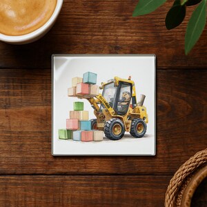 Mini Yellow Loader Stacking Toy Blocks Glass Coaster, Construction Vehicle Kids Playroom Decor, Builder Gift