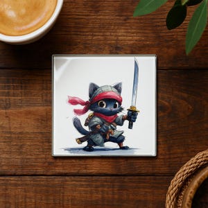 Ninja Cat Glass Coaster with Sword – Funny Animal Drink Coaster, Cool Cat Lover Gift, Decorative Tabletop Accessory