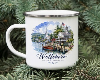 Wolfeboro New Hampshire Lakeside Village Enamel Camping Mug, New England Souvenir Cup