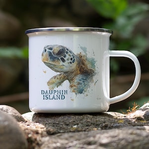 Dauphin Island Turtle Enamel Camping Mug – Retro Tin Coffee Cup, Beach Souvenir Gift, Outdoor Adventure Drinkware