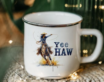 Cowgirl Lassoing Sun Enamel Mug: Western Camping Coffee Cup