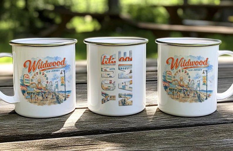 Three white mugs with colorful illustrations of a boardwalk and ferris wheel, along with the text "Wildwood NEW JERSEY" printed on them.