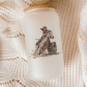 Cowgirl Barrel Racing Glass Tumbler – Western Horseback Riding Cup, Rodeo Gift for Her, Country Cowgirl Drinkware