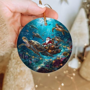 Sea Turtle Sleigh Ceramic Ornament: Ocean Christmas Decor