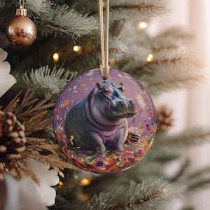 Hippo in Giant Ornament with Party Confetti – Funny Ceramic Holiday Decoration, Cute Animal Christmas Tree Ornament