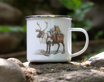 Reindeer Christmas Camping Mug with Leather Saddle Bags: Enamel Holiday Coffee Cup