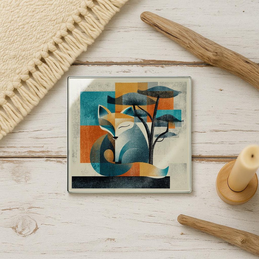 Glass Coaster, Curled Fox Under Pine Tree, Woodland Animal Drink ...