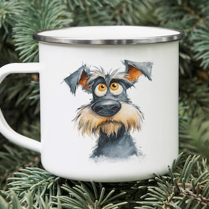 Miniature Schnauzer Enamel Camping Mug – Watercolor Impasto Dog Art Tin Cup, Cartoon Dog Lover Gift, Rustic Hiking Drinkware