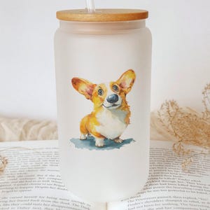 Cartoon Corgi Glass Tumbler – Watercolor Impasto Art, Pembroke Welsh Dog Cup, Cute Pet Lover Gift, Hand-Painted Style Drinkware