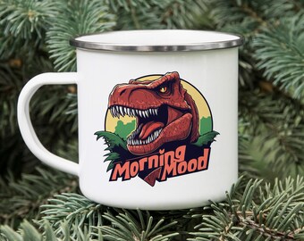 May include: White enamel camping mug with a red dinosaur illustration and the text "Morning Mood".