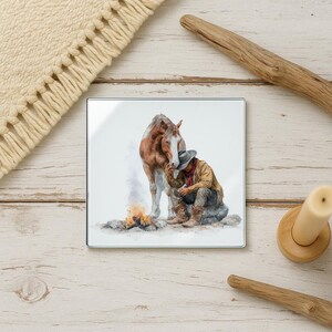 Horse and Cowboy Campfire Glass Coaster – Western Rustic Decor, Country Gift, Cowboy Art Drink Coaster, Horse Lover Accessory