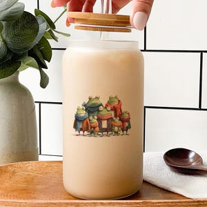 Christmas Caroling Frogs Glass Tumbler: Holiday Drinkware with Bamboo Lid
