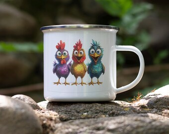 Happy Chickens Enamel Camping Mug: Rustic Farmhouse Decor