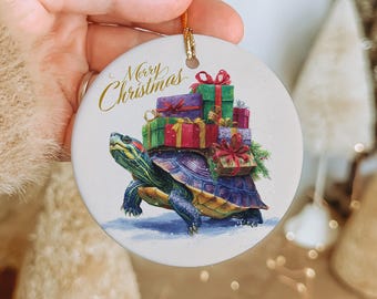 Ceramic Turtle Christmas Ornament – Holiday Presents Tree Decor