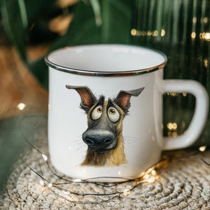 Belgian Malinois Enamel Camping Mug – Watercolor Impasto Dog Art Tin Cup, Cartoon Style, Gift for Dog Lovers, Outdoor Drinkware