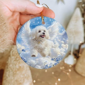 Maltese Dog Angel Ornament – Ceramic Memorial Keepsake with Wings, Clouds & Forget-Me-Nots – Pet Loss Gift