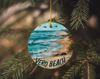 Vero Beach Ceramic Ornament – Atlantic Ocean Surf, Sandy Shore, Dolphins – Coastal Florida Keepsake Gift