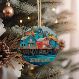 Ketchikan Alaska Ceramic Ornament – Colorful Stilt Houses, Leaping Salmon, Coastal Scene Christmas Decoration