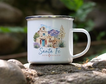 Santa Fe Postcard Enamel Mug, New Mexico Travel Souvenir, Southwest Camping Cup