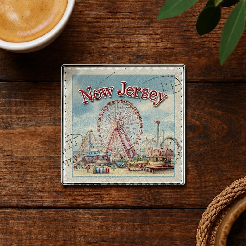 A framed postcard depicting a ferris wheel and amusement park rides, with the text "New Jersey" prominently displayed, sits on a wooden surface alongside a cup of coffee and a woven basket.