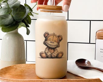 Creepy Halloween Glass Tumbler: Spooky Torn Teddy Bear Gothic Decor