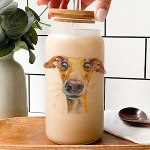 Greyhound Glass Tumbler – Cartoon Dog Art, Watercolor Impasto Style, Whimsical Pet Lover Gift, Colorful Animal Drinkware