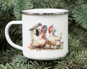Chickens in Bonnets Enamel Camping Mug: Funny Farm Animal Gift