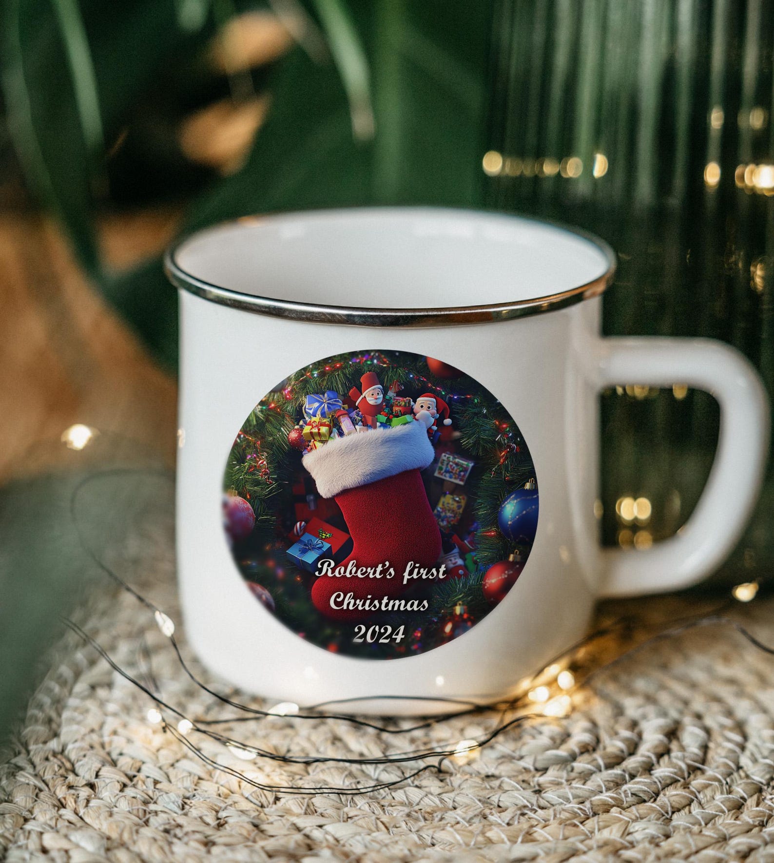 Baby's First Christmas Tin Mug, Enamel Camping Mug Overflowing With