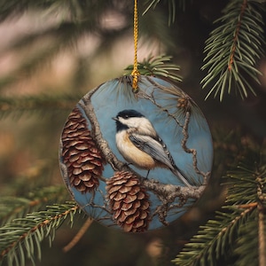Chickadee Ceramic Ornament: Winter Bird on Pinecone Branch
