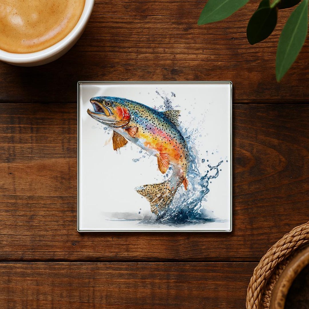 Trout Art Glass Coaster: Colorful Fish Sketch, Wildlife Drink Coaster ...