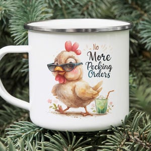 Funny Cartoon Chicken Camping Mug – Enamel Tin Cup with Sunglasses, Drink & No More Pecking Orders Quote – Farmhouse Gift