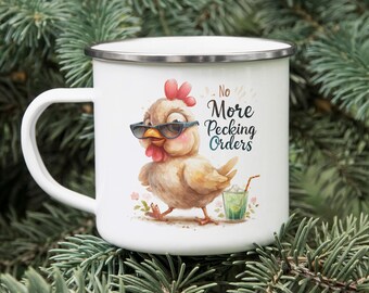 Funny Chicken Camping Mug: Enamel Tin Cup - Farmhouse Gift