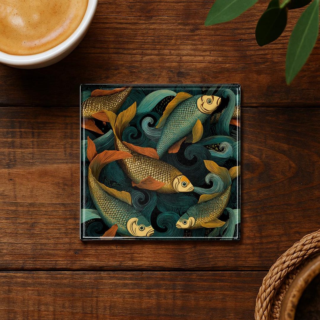 Stylized Fish Glass Coaster, Underwater Illustration Drink Coaster ...