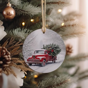 Red Pickup Truck Ceramic Ornament, Christmas Tree Decoration, Handcrafted Ceramic Art, Festive Holiday Decor, Gift Idea
