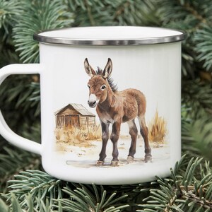 Cute Baby Donkey Desert Watercolor Tin Mug – Rustic Enamel Camping Mug with Old Barn Art – Animal Lover Gift Cup