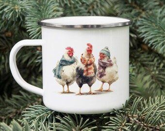 Winter Chickens Enamel Camping Mug – Rustic Farmhouse Coffee Cup