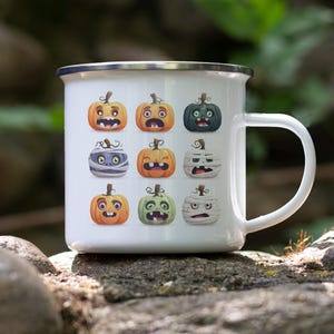 Cute Halloween Pumpkin Tin Mug – Funny Cartoon Mummy Faces Enamel Camping Mug – Spooky Fall Coffee Cup Gift