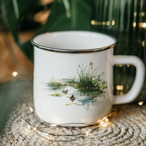 Pond Scene Enamel Camping Mug with Ducks & Cattails, Nature Tin Mug, Outdoor Coffee Cup, Rustic Wildlife Camp Mug