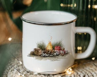 Enamel Camping Mug: Rustic Campfire Coffee Cup, Nature Adventure Drinkware
