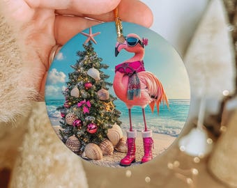 Snowbird Flamingo Ceramic Ornament: Winter Beach Holiday Decor