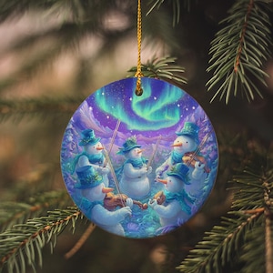 Snowman Orchestra Ceramic Ornament – Snowmen Playing Violin, Flute & Timpani Under Aurora Borealis Winter Scene