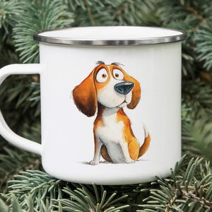 Cartoon Beagle Tin Camping Mug – Watercolor Impasto Dog Art – Big Eyes Enamel Cup – Cute Pet Gift for Dog Lovers