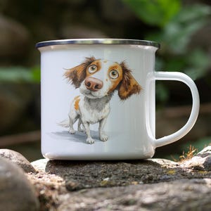 Brittany Dog Enamel Camping Mug – Watercolor Impasto Cartoon Art Tin Cup, Rustic Dog Lover Gift, Outdoors Coffee Mug