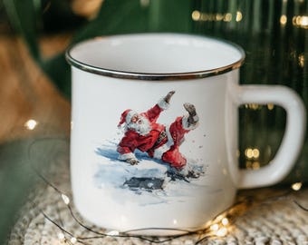 Santa Crash Landing Enamel Camping Mug – Funny Christmas Gift